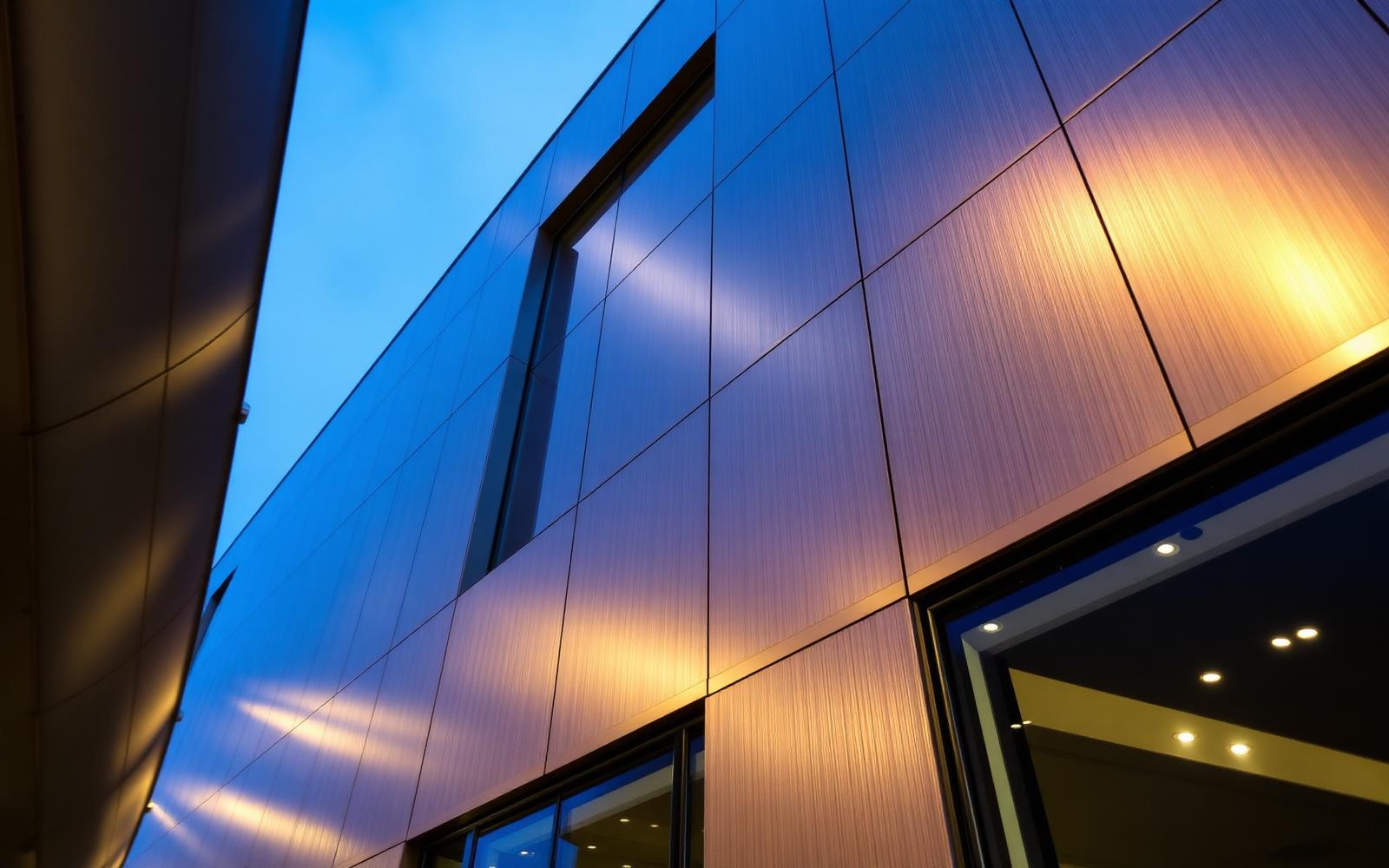 Architectural aluminium composite cladding facade at dusk